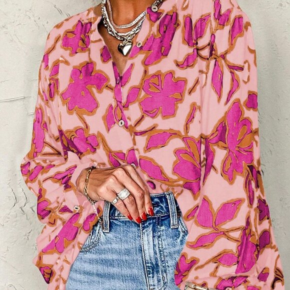 Multicolor Boho Women's Floral Print Batwing Sleeve Buttoned Loose Fit Shirt - Picture 1 of 8